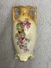 Antique Bohemian Art Nouveau Two Handled Vase w/Flowers-6”-2989 picture