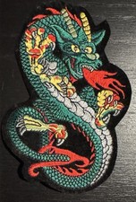 VINTAGE ASIAN DRAGON EMBROIDERED PATCH LARGE GREEN RED GOLD 5” picture