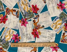 Vtg 90s Hawaiian Postcard Novelty Rayon Fabric Cameron Ind Inc 7.5 Yard 58 In W picture