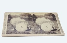 Antique 1897 Underwood Stereoview Romance Umbrella Lakeside Outdoor Scene picture