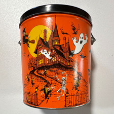 Rare vintage 1982, Halloween Haunted House Decorative Tin Pail Bucket with Lid picture