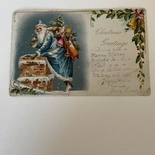 TUCK PM 1905 BLUE ROBE SANTA VINTAGE EMBOSSED CHRISTMAS GREAT TOYS POSTCARD picture