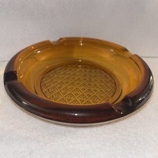 Vintage Amber Glass Ashtray Round Heavy Diamond Waffle Crosshatch Bottom MCM picture