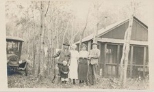c.1909 HUNTING CAMP Family With Early Automobile & Rifle Snapshot Photo picture