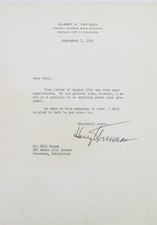 Signed / Autographed Letter from Former President Harry S. Truman Sept 1, 1956 picture