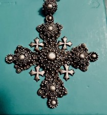 Vintage 950 Silver Jerusalem Cross Necklace Large Ornate Filigree 46g picture