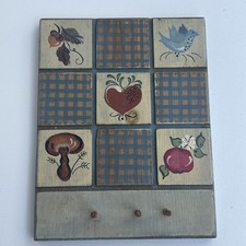 VTG 1990s Folk Art Wooden Kitchen Wall Hanging Key Rack Heart Apple Bird Decor picture