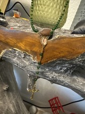Vintage Green Glass Bead Rosary with Gold-Tone Metal Crucifix picture