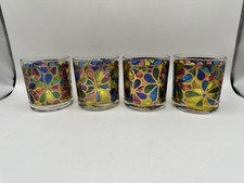 4 Vintage Georges Briard Lowball Old Fashioned Whiskey Glasses MCM Floral Gold picture