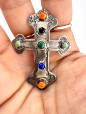 Vintage Sterling Silver Cross Pendant Colored Stones 925 Southwestern Religious picture