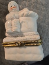 Vintage Porcelain Snow Baby Angel Hinged Trinket Box Glitter Keepsake Case Euc picture