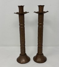 Pair Antique Arts & Crafts Hammered Copper Candlesticks - 10.5