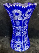 Caesar Crystal Bohemiae Cobalt Blue Cut Crystal Vase Czech Republic 24% PbO picture