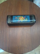 vintage russian lacquer Signed Needle Case Hand painted Floral Bouquet Box  picture