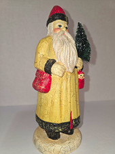 Primitive  Folk-Art Santa Crackle Finish resin with bottle -brush tree  picture