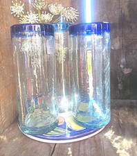 Vintage Thick Hand Blown  Drinking Glasses, Clear w/ Colbolt Rim, Tall Cyl picture