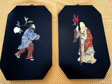 Vintage Chinese Style Pair Inlay Art Plaques Wall Panels w/ Hangers picture