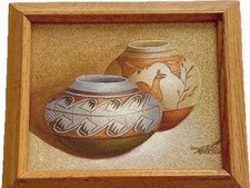 Navajo Sand Painting Signed By Artist Marzo “Painting Of Pottery”COA On Back picture