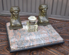 French antique empire marble & bronze caryatid lady statue inkwell desk picture