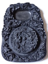 Vintage Chinese Carved 9-Dragon Inkstone, w/ Cover - Large & Heavy picture