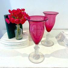Pair Antique George Borgfeldt Lisa Cranberry Optic Trumpet Glass Vase Twisted picture