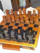 Nice RARE VTG Carved Wood Chess Set Aztec 10” Folding Board Case John Clifford picture