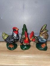 Vintage Hand Painted Ceramic Rooster and Hen Lot X3 Figurines Farmhouse Country picture