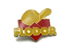 Vintage Flodor Potato Chip Advertising Pin Enamel Lapel Badge Red & Yellow Logo picture