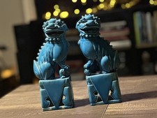(2x) Vintage 9.5” Turquoise Ceramic Foo Dogs Fu Dog Lion Statues - Makers Mark  picture