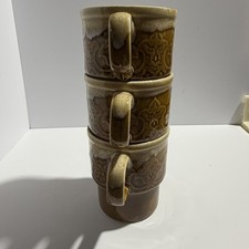 VTG 70s Brown Drip Glaze Ceramic Stacking Coffee Mugs Set of 3 Japan Embossed picture