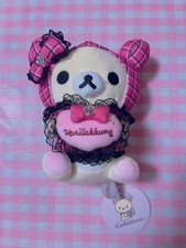 San-X Korilakkuma Spinns Plush Pouch Mascot Pink Plaid Heart Lace Tagged Item picture