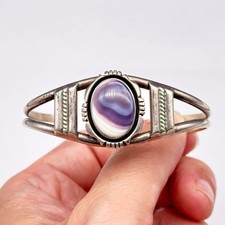 Vintage Southwestern Purple Wampum Shell Sterling Silver Cuff Bracelet 6.5