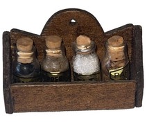 Fun Rare Vintage Miniature Dollhouse Wood Apothecary Spice Jars With Rack picture