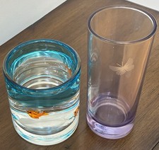 2pc VTG Glassware Set Murano Style Gold Fish Tumbler & Butterfly Highball Glass picture