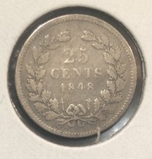 1848 Netherlands Silver 25 Cents Coin-19MM- William II-Dot After Date-KM#76 picture