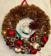 Handmade Vintage Style Gold Tinsel Christmas Wreath with Mint Santa & Ornaments picture