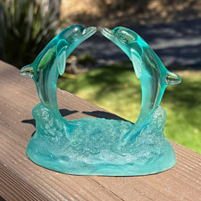 1992 Robert Wyland “Dolphins Kissing” Teal Lucite Acrylic Mini Sculpture  picture