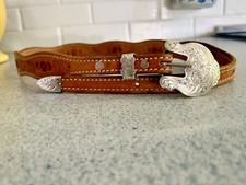 VINTAGE“HAMLEY & Co” Hand Tooled Belt “WAGE” Sterling Silver Overlay 3Pc Buckle picture