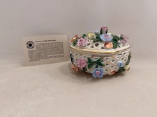 Vintage Porcelain Floral Trinket Box Reticulated Lattice Jewelry Box w/ Card picture