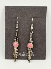 VTG Native American Sterling Silver 925 Pink Stone Feather Hook Earrings picture
