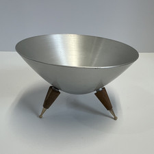 Mirro Medallion Aluminum Candy Dish Tripod Wood Legs Made USA Atomic Sputnik MCM picture