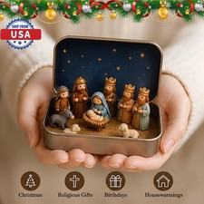 Mini Christmas Nativity Set in a Tin Box Pocket Nativity Jesus Classic Scene Tin picture