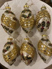 6 VTG Waterford Holiday Heirlooms Glass Egg Ornaments Holly Gold Lattice picture