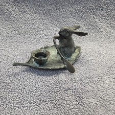 Vintage Bronze Bunny Rabbit Paddling On Leaf Boat Figure Candle Holder picture