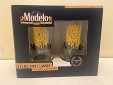 2 CERVEZA MODELO 16 Oz Beer Glasses with Gold Toned Lions NEW in Box picture