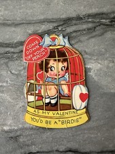 Vintage Valentine Pretty Brunette Birdie Girl Wings Gold Cage Perch Antique Cute picture