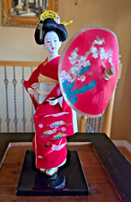 Vintage Japanese Geisha Doll Red Silk Kimono Crane Parasol Umbrella 12
