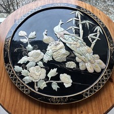 18” Vintage Chinese Wall Art Round Black Lacquer Mother of Pearl Plaque picture