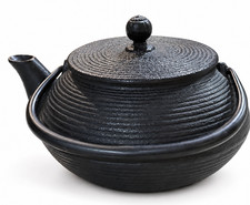 Vintage Japanese Iwachu Cast Iron Tetsubin Teapot Ribbed Ring Pattern Signed 6.5 picture