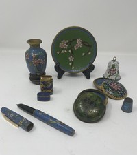 Vintage Cloisonné Enamel 8 Pc Lot Vase Trinket Boxes Plate Bell Pen Asian Decor picture